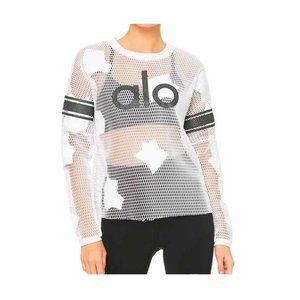 Alo Yoga White Jersey Net Long Sleeve Top Med